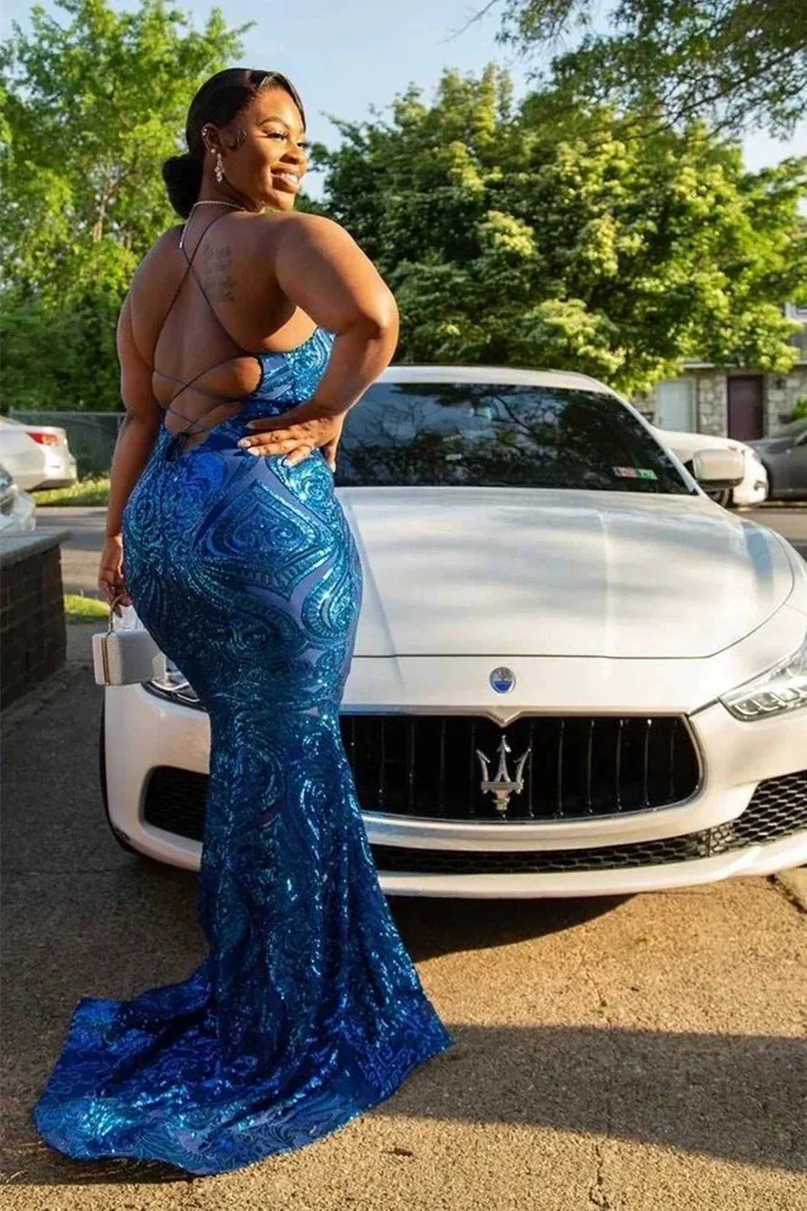 Exquisite Blue Sequins Lace Sleeveless Floor-length Mermaid Prom Dresses - Image 4