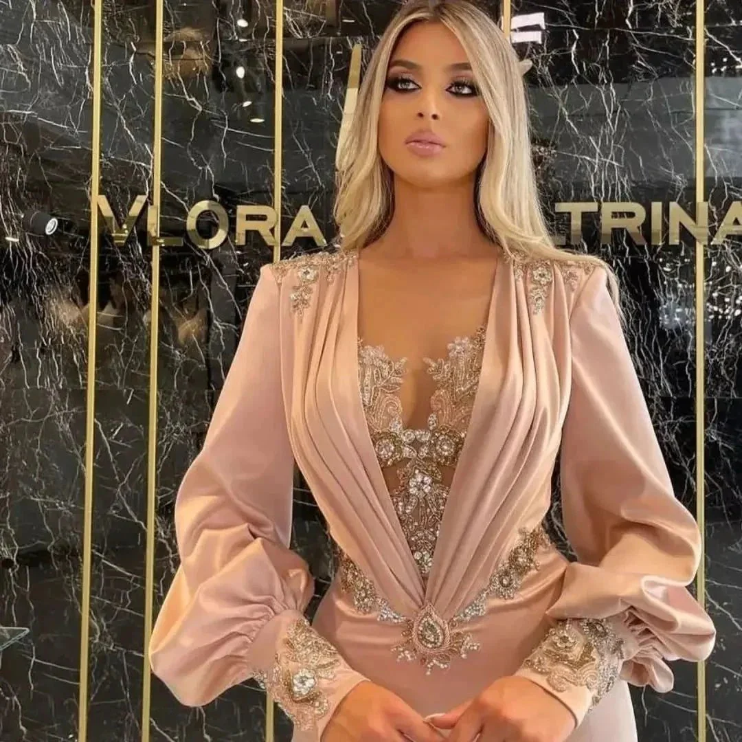 Exquisite Floor Length Long Sleeves Mermaid Satin Prom Dress with Appliques - Image 2