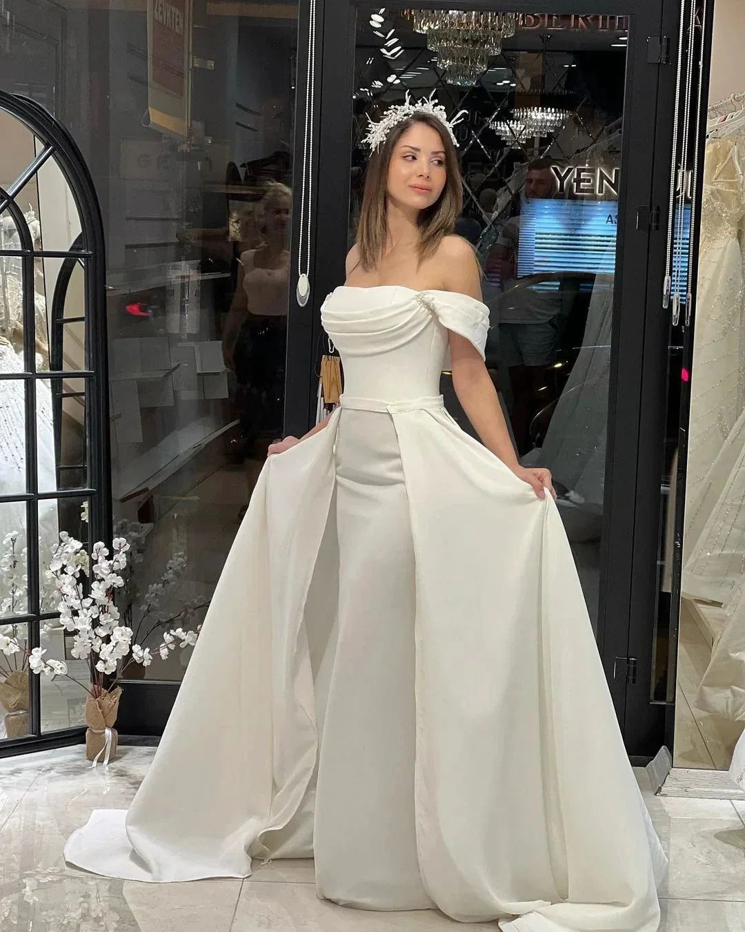 Exquisite Floor Length Off-The-Shoulder A-Line Satin Wedding Dress with Beads - Image 2