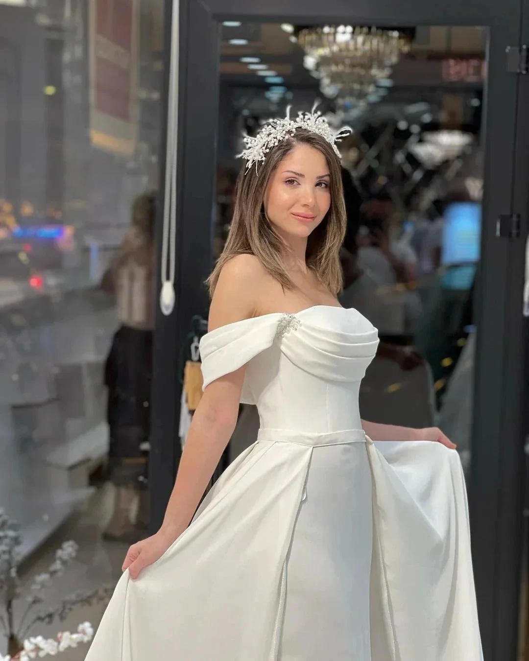 Exquisite Floor Length Off-The-Shoulder A-Line Satin Wedding Dress with Beads - Image 5