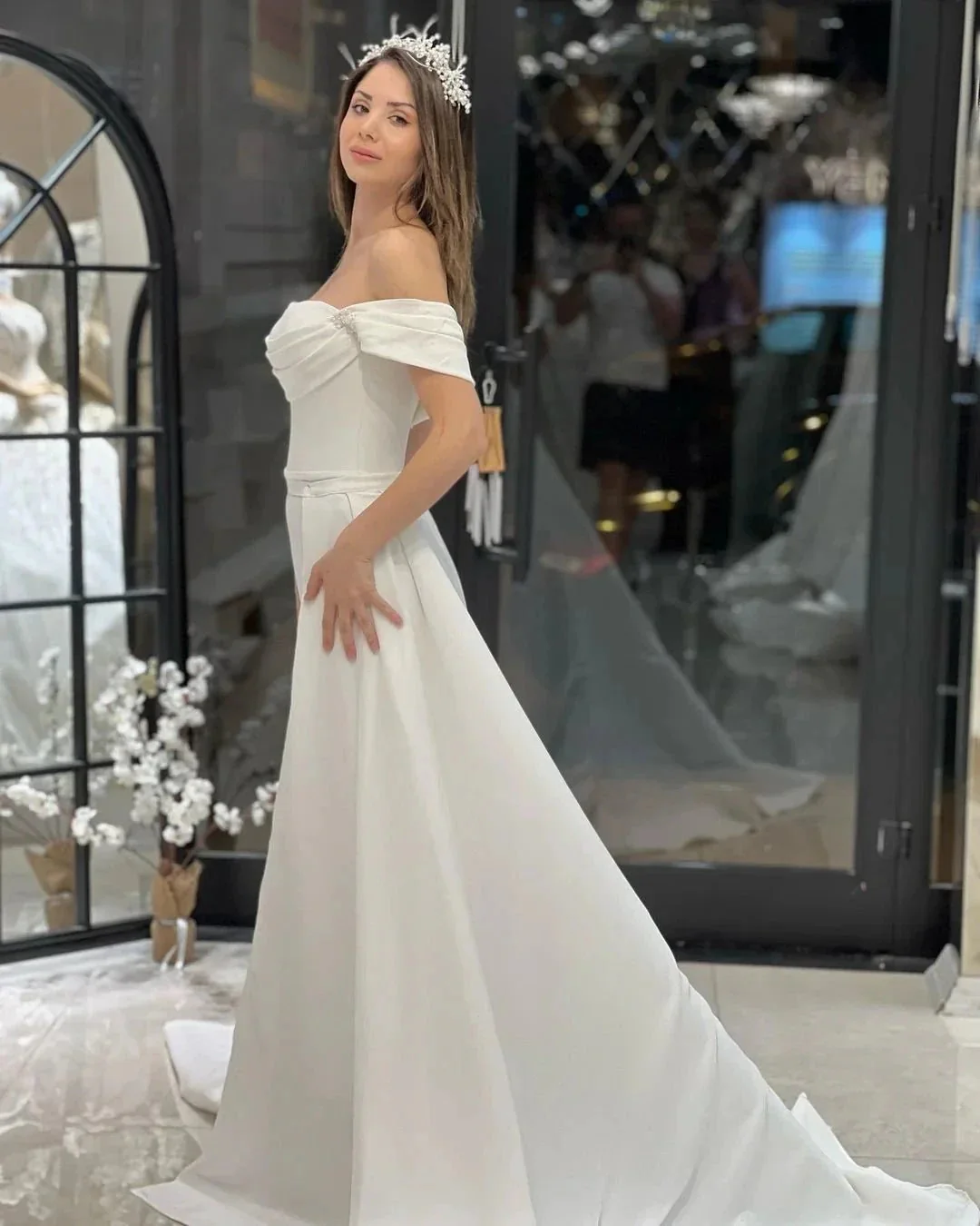 Exquisite Floor Length Off-The-Shoulder A-Line Satin Wedding Dress with Beads - Image 6