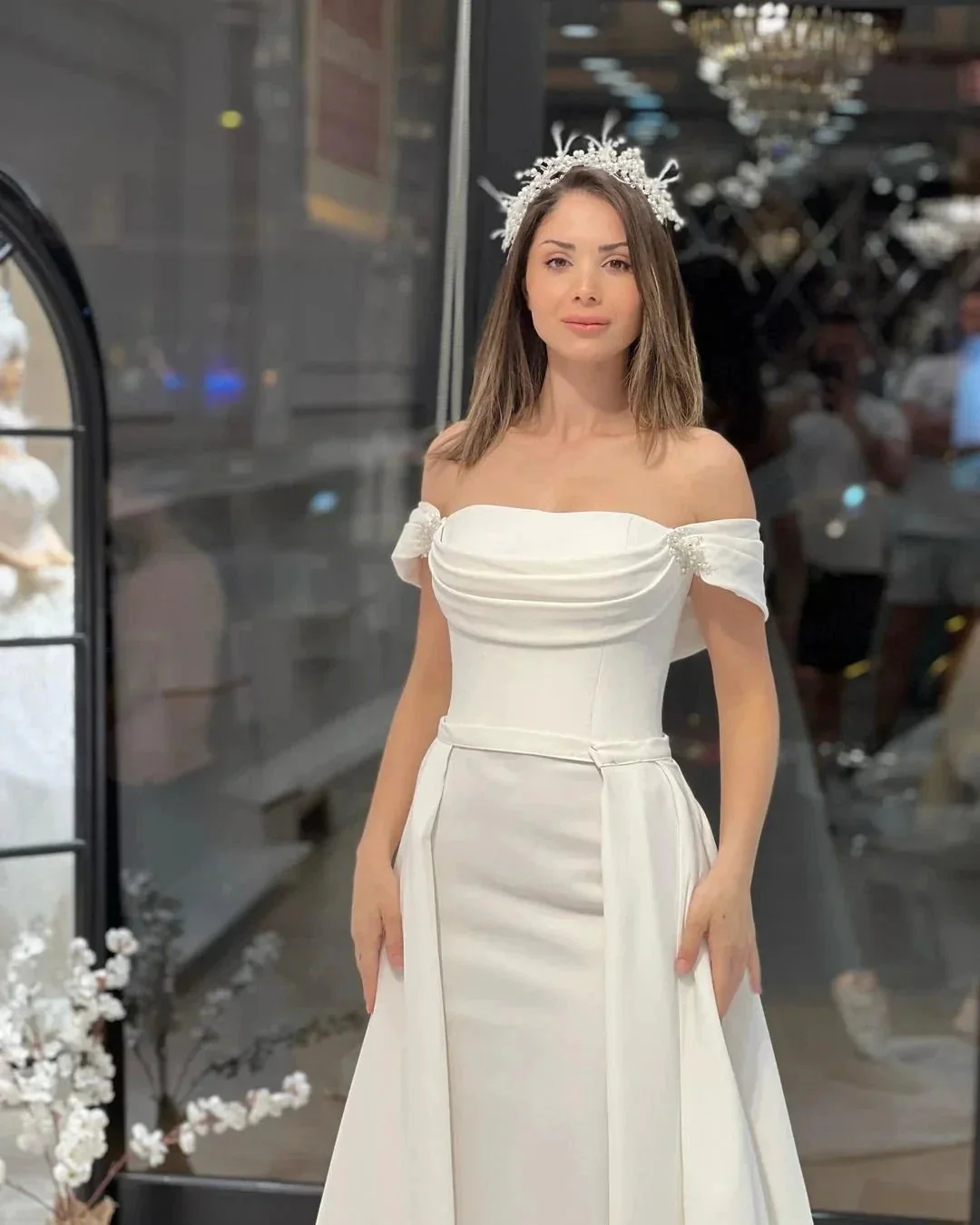 Exquisite Floor Length Off-The-Shoulder A-Line Satin Wedding Dress with Beads - Image 7