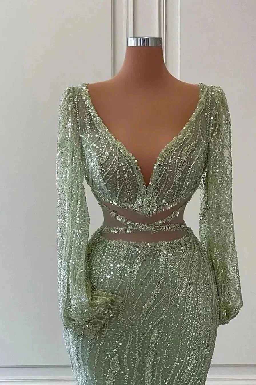 Exquisite Floor Length V-Neck Long Sleeves Mermaid Prom Dress with Sequins - Image 2