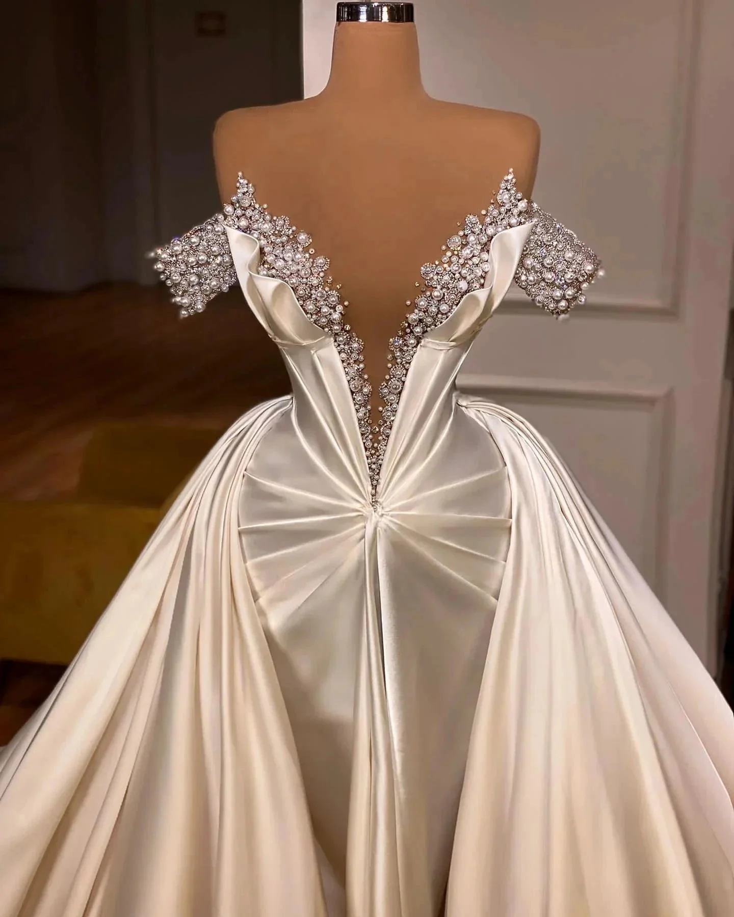Exquisite Floor Length V-Neck Off-The-Shoulder A-Line Satin Prom Dress with Beads - Image 2