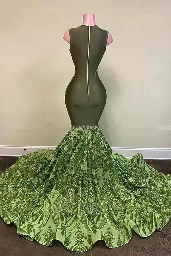 Exquisite Green V-neck Sequins Sleeveless Floor-length Mermaid Prom Dresses - Image 2