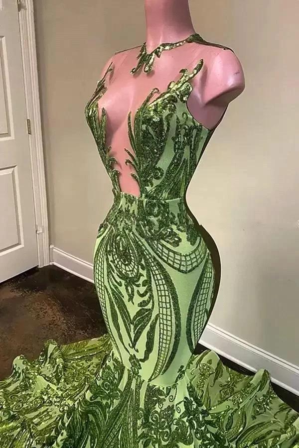 Exquisite Green V-neck Sequins Sleeveless Floor-length Mermaid Prom Dresses - Image 3