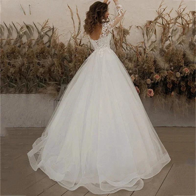 Exquisite Ivory Wedding Dresses Long Sleeve Appliques Lace 3D Flowers Modern Tulle Boho Bride Gown vestidos de novia Beach - Image 2