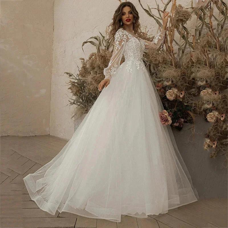 Exquisite Ivory Wedding Dresses Long Sleeve Appliques Lace 3D Flowers Modern Tulle Boho Bride Gown vestidos de novia Beach - Image 3