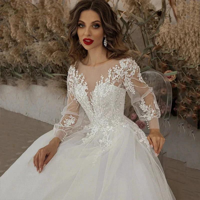 Exquisite Ivory Wedding Dresses Long Sleeve Appliques Lace 3D Flowers Modern Tulle Boho Bride Gown vestidos de novia Beach - Image 4