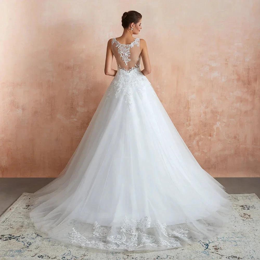 Exquisite Long A-line Appliques Lace Tulle Wedding Dress - Image 2