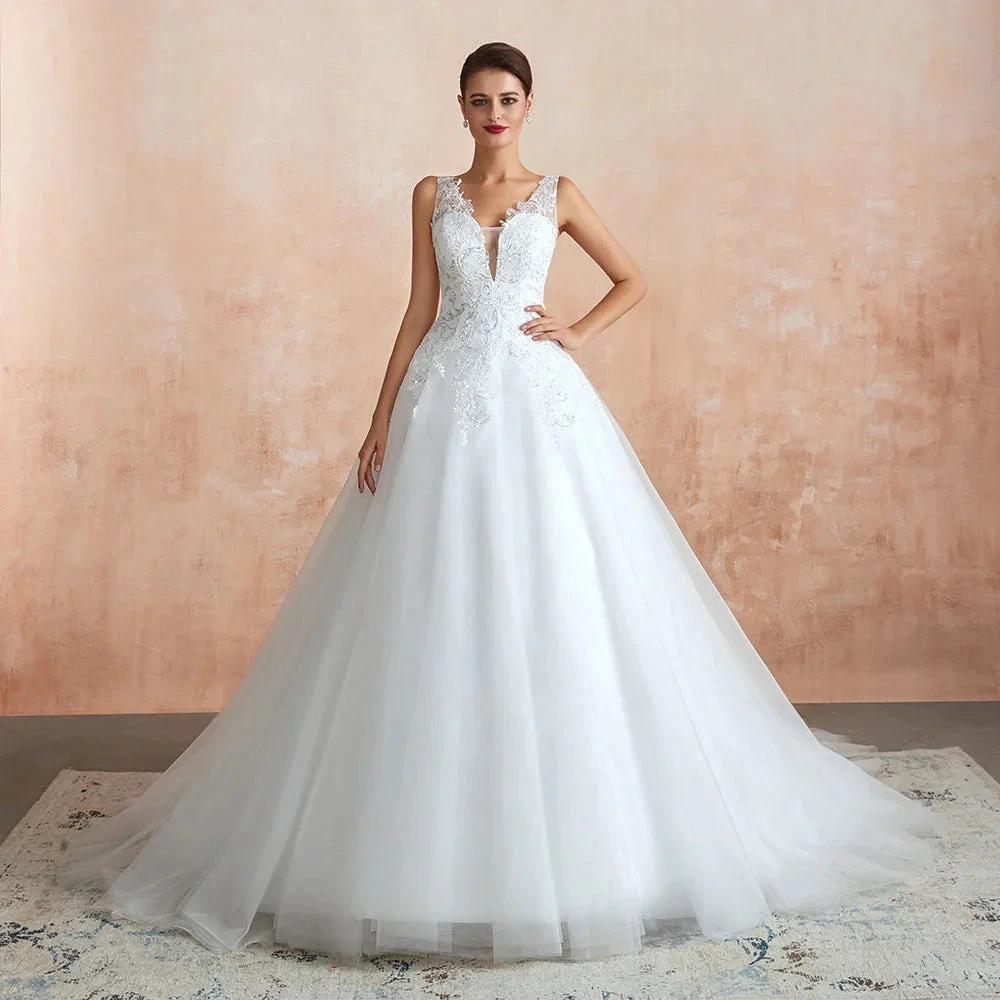 Exquisite Long A-line Appliques Lace Tulle Wedding Dress - Image 4