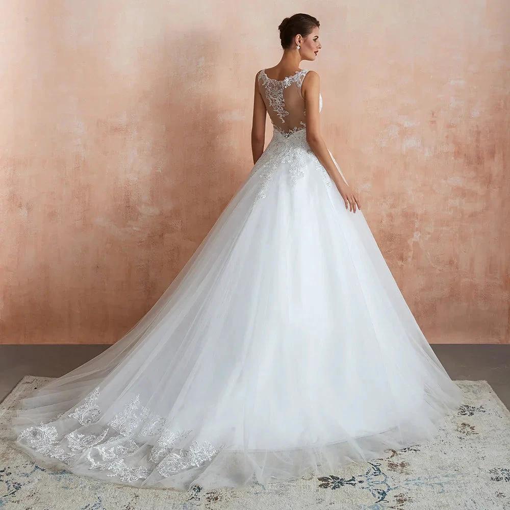 Exquisite Long A-line Appliques Lace Tulle Wedding Dress - Image 6