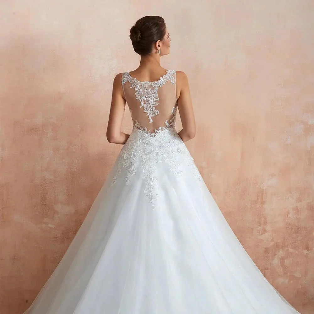 Exquisite Long A-line Appliques Lace Tulle Wedding Dress - Image 8