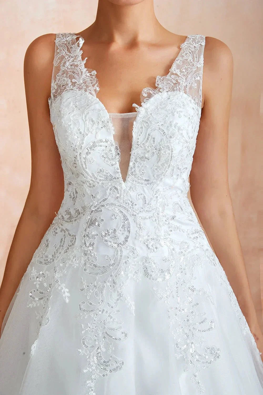 Exquisite Long A-line Appliques Lace Tulle Wedding Dress - Image 9