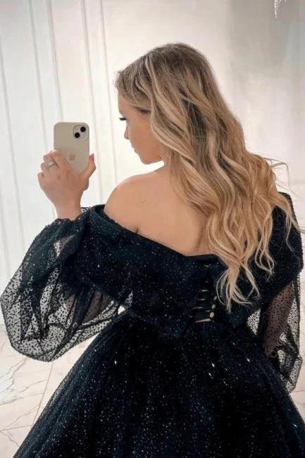 Exquisite Long Black A-line Ankle Length Off-the-shoulder Prom Dress with Long Sleeves - Image 2