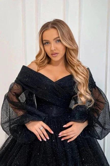 Exquisite Long Black A-line Ankle Length Off-the-shoulder Prom Dress with Long Sleeves - Image 3