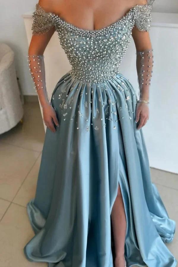 Exquisite Long Blue A-line Off-the-shoulder Pearls Rhinestones Prom Dress with Slit - Image 2