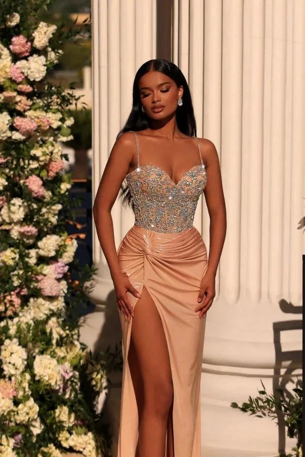 Exquisite Long Champagne Column Spaghetti Straps Lace Rhinestones Prom Dress with Slit - Image 2