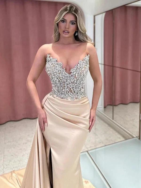 Exquisite Long Champagne Mermaid Strapless Jewels Prom Dress - Image 2