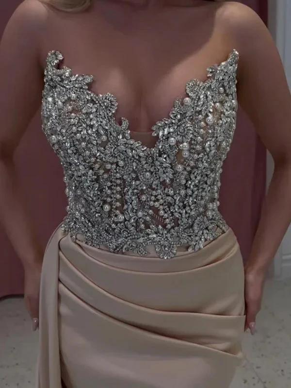 Exquisite Long Champagne Mermaid Strapless Jewels Prom Dress - Image 3
