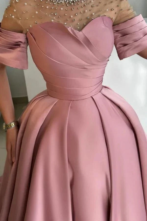 Exquisite Long Dusty Rose A-line Satin Rhinestones Prom Dress with Short Sleeves - Image 2