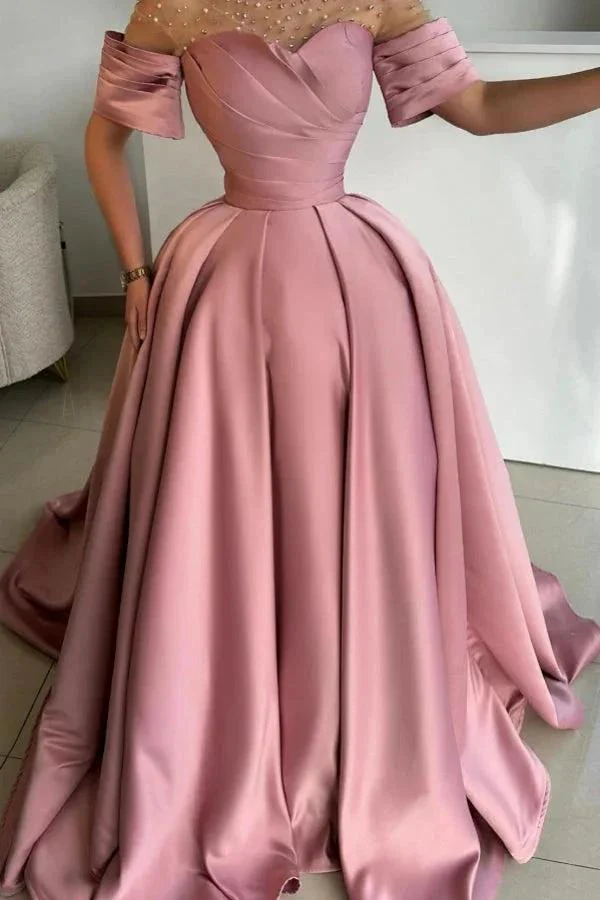 Exquisite Long Dusty Rose A-line Satin Rhinestones Prom Dress with Short Sleeves - Image 3