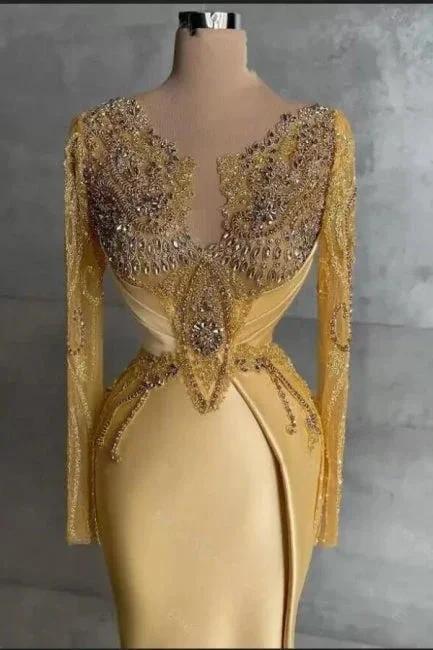 Exquisite Long Gold Mermaid Lace Beading Prom Dress with Long Sleeves - Image 2