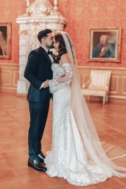 Exquisite Long Mermaid Off-the-shoulder Lace Wedding Dress with Long Sleeves - Image 4