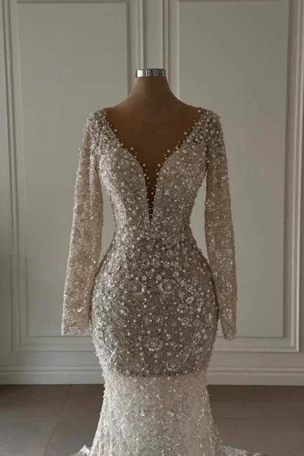 Exquisite Long Mermaid V-neck Lace Long Sleeves Wedding Dress with Pearls - Image 2
