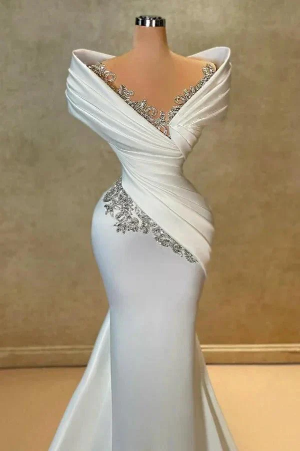Exquisite Long White Mermaid Off-the-shoulder Lace Satin Wedding Dress with Rhinestones - Image 2