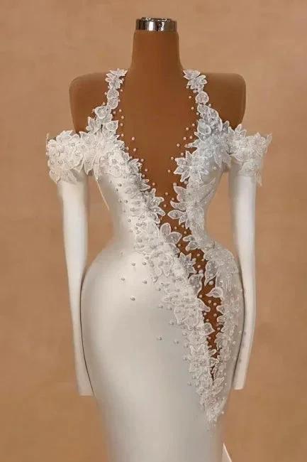 Exquisite Long White Mermaid Straps Satin Long Sleeves Wedding Dress with Pearls - Image 2