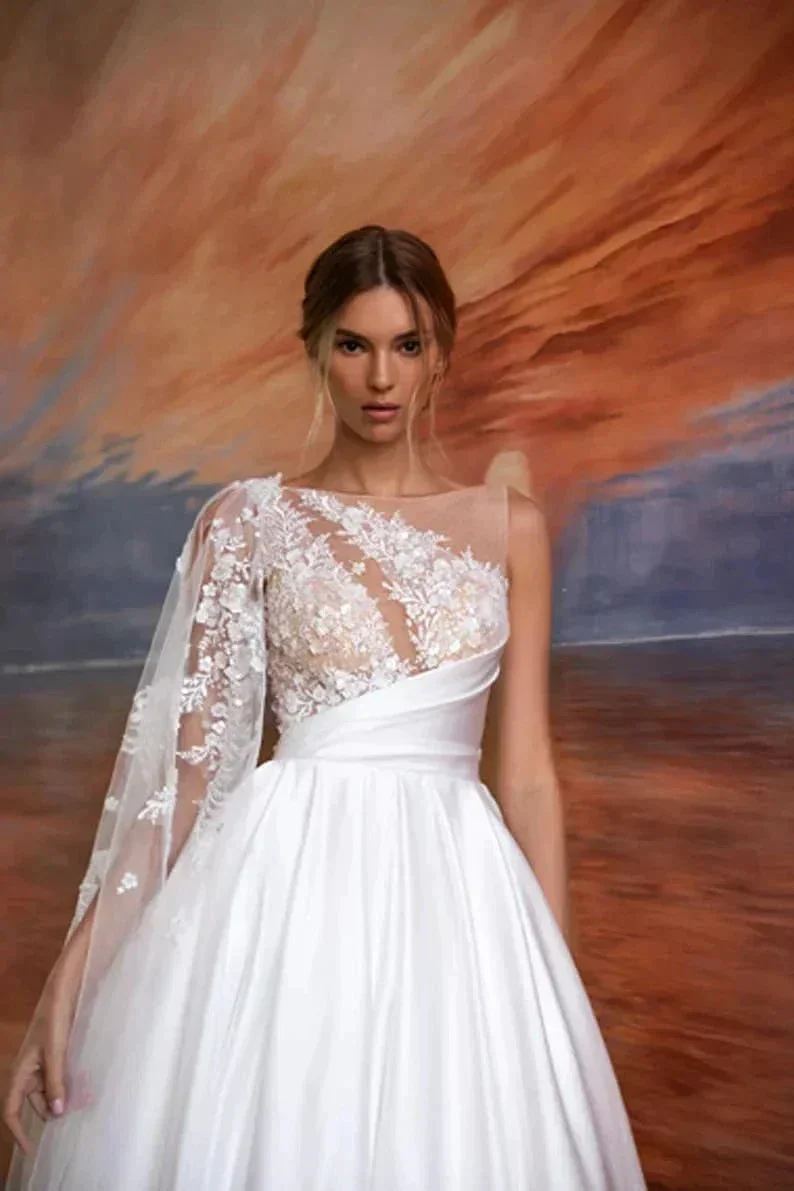 Exquisite Off Shoulder With Sleeves Beach A-Line Fluffy Mopping Sexy Backless Wedding Dresses Lace Backless Court Train Simple - Image 2
