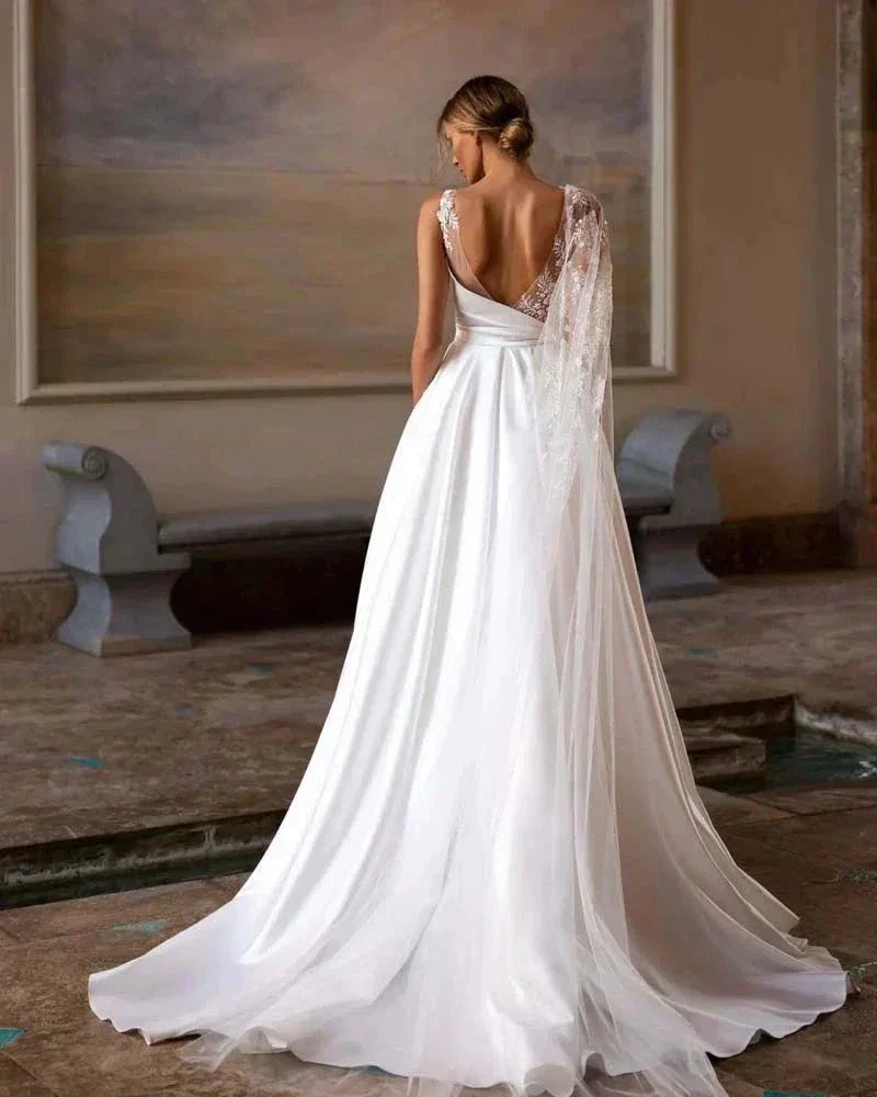 Exquisite Off Shoulder With Sleeves Beach A-Line Fluffy Mopping Sexy Backless Wedding Dresses Lace Backless Court Train Simple - Image 3