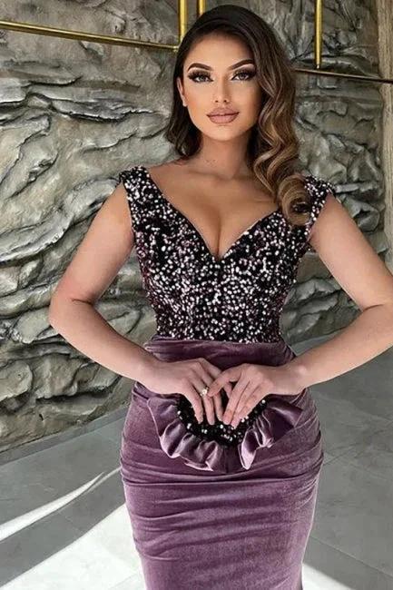 Exquisite Purple Sequins V-neck Sleeveless Floor-length Prom Dresses - Image 2