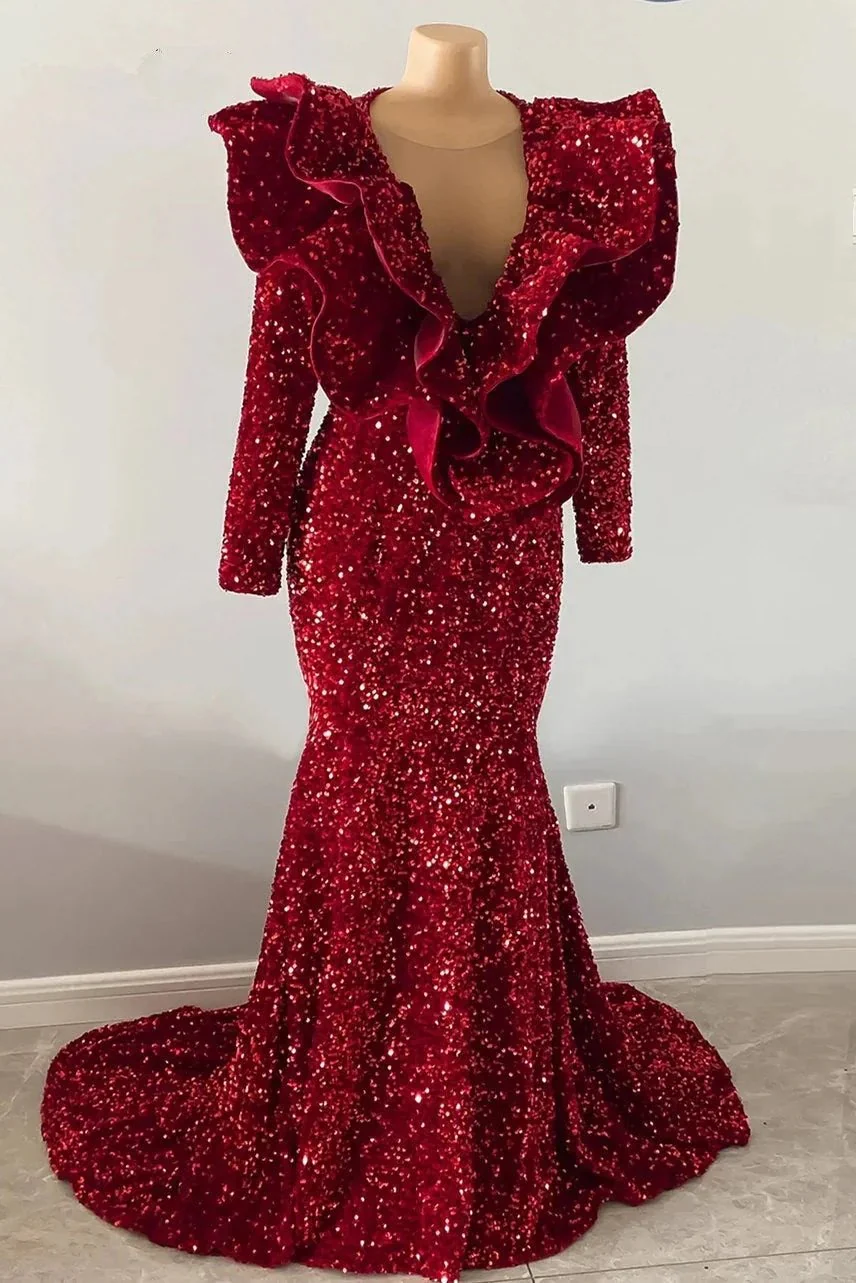 Exquisite Red V-neck Sequins Sleeveless Floor-length Mermaid Prom Dresses - Image 2