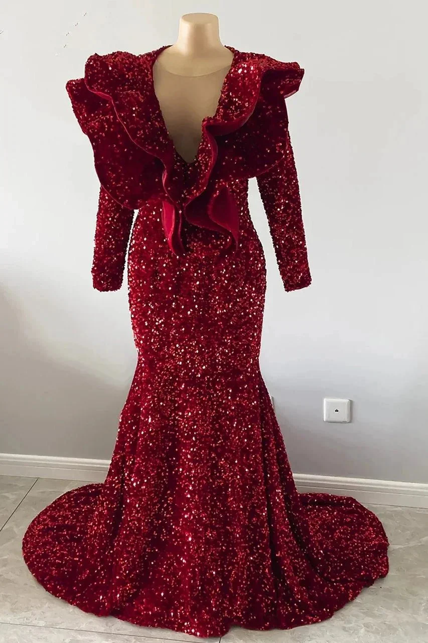 Exquisite Red V-neck Sequins Sleeveless Floor-length Mermaid Prom Dresses - Image 3