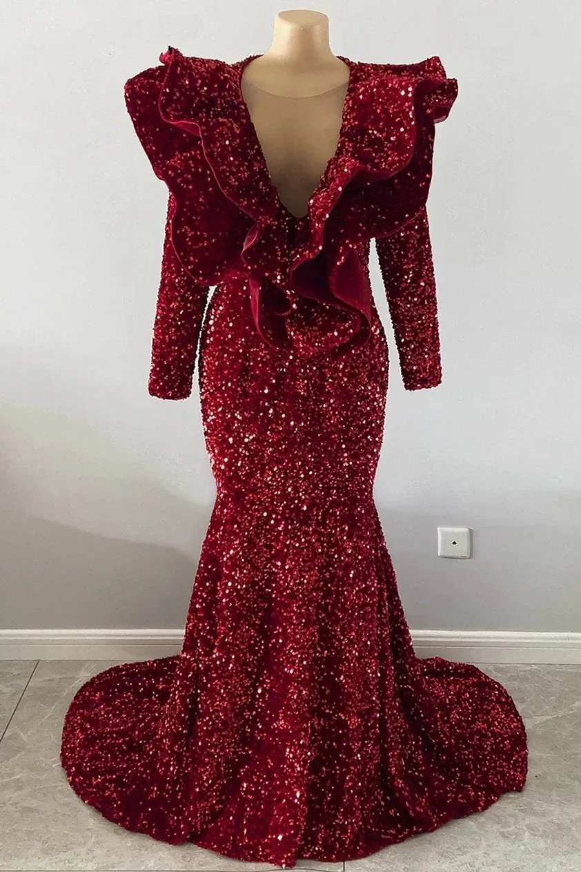 Exquisite Red V-neck Sequins Sleeveless Floor-length Mermaid Prom Dresses - Image 4