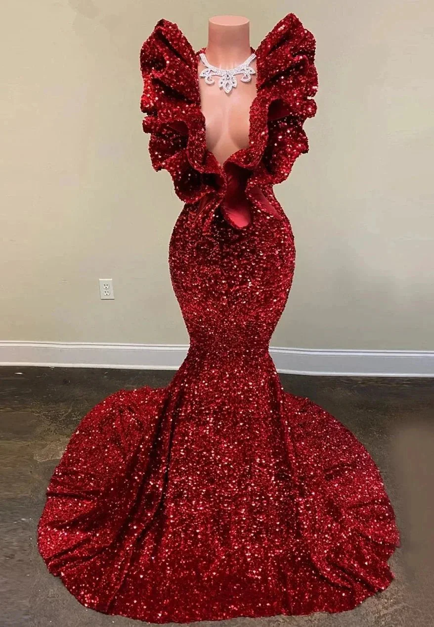 Exquisite Red V-neck Sequins Sleeveless Floor-length Mermaid Prom Dresses - Image 5