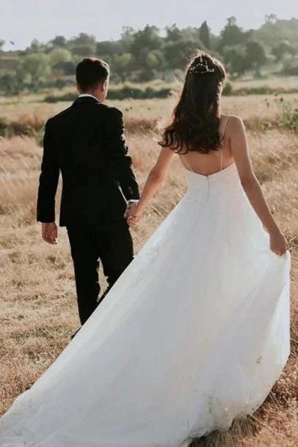 Exquisite Spaghetti Strap Sleeveless A-Line Floor-Length Lace Wedding Dresses - Image 2