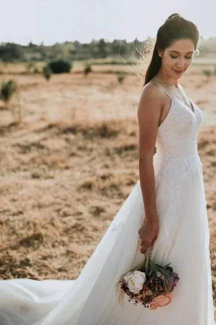 Exquisite Spaghetti Strap Sleeveless A-Line Floor-Length Lace Wedding Dresses - Image 4