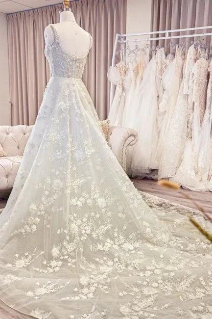 Exquisite Spaghetti Strap Sleeveless A-Line Lace Wedding Dresses with Pattern - Image 3