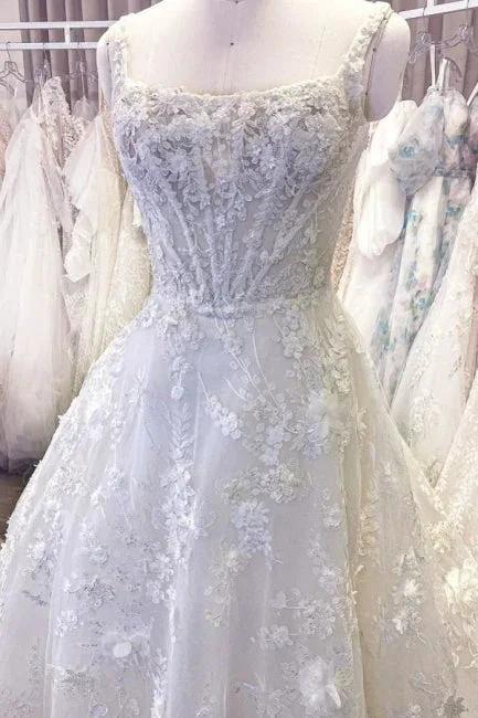 Exquisite Spaghetti Strap Sleeveless A-Line Lace Wedding Dresses with Pattern - Image 4