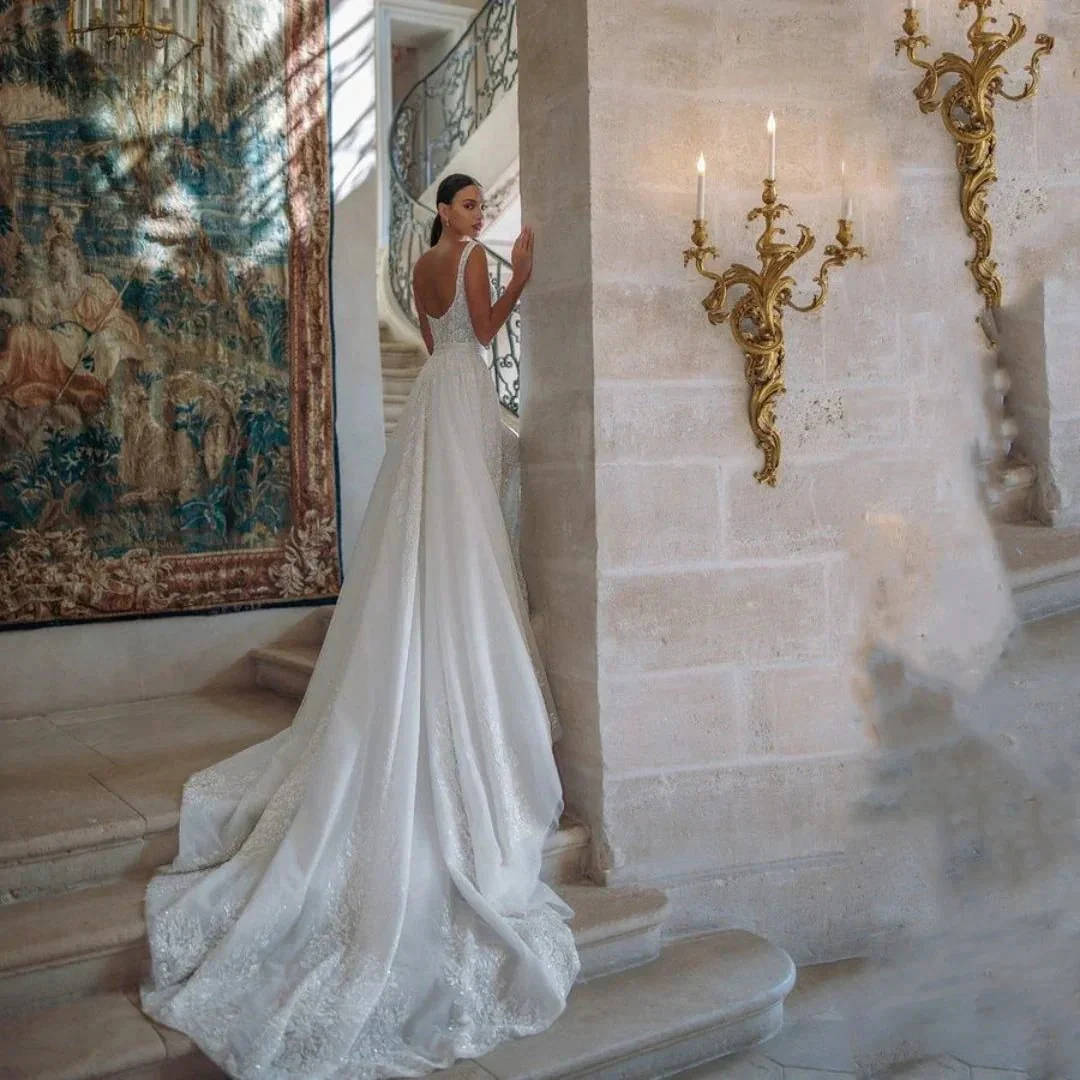 Exquisite Wedding Dress For Woman Square-Neck A-Line Lace Appliques Sequins Bride Gowns Tulle Sweep Train Vestido Custom - Image 2