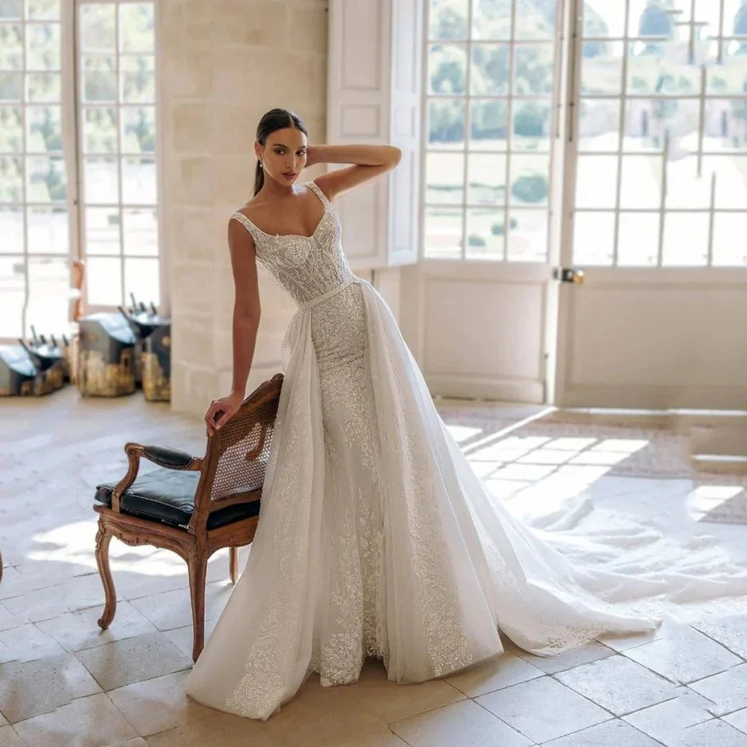 Exquisite Wedding Dress For Woman Square-Neck A-Line Lace Appliques Sequins Bride Gowns Tulle Sweep Train Vestido Custom - Image 3
