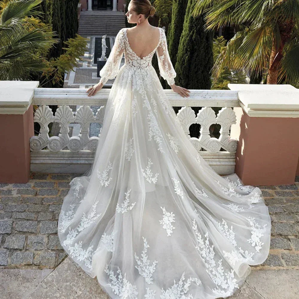 Exquisite Wedding Dresses For Women V Neck Lace Applique A Line Bridal Gowns With Long Puff Sleeves Vestido De Noiva - Image 2