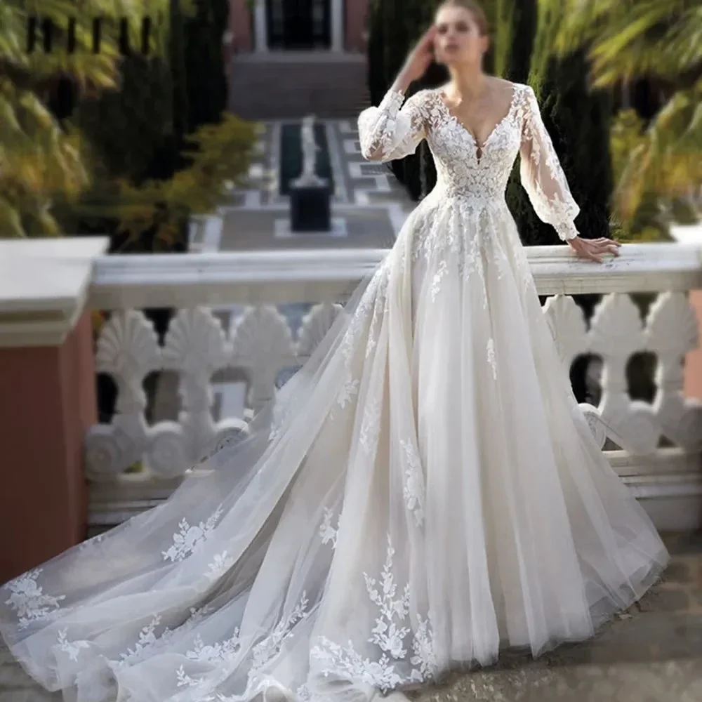Exquisite Wedding Dresses For Women V Neck Lace Applique A Line Bridal Gowns With Long Puff Sleeves Vestido De Noiva - Image 4