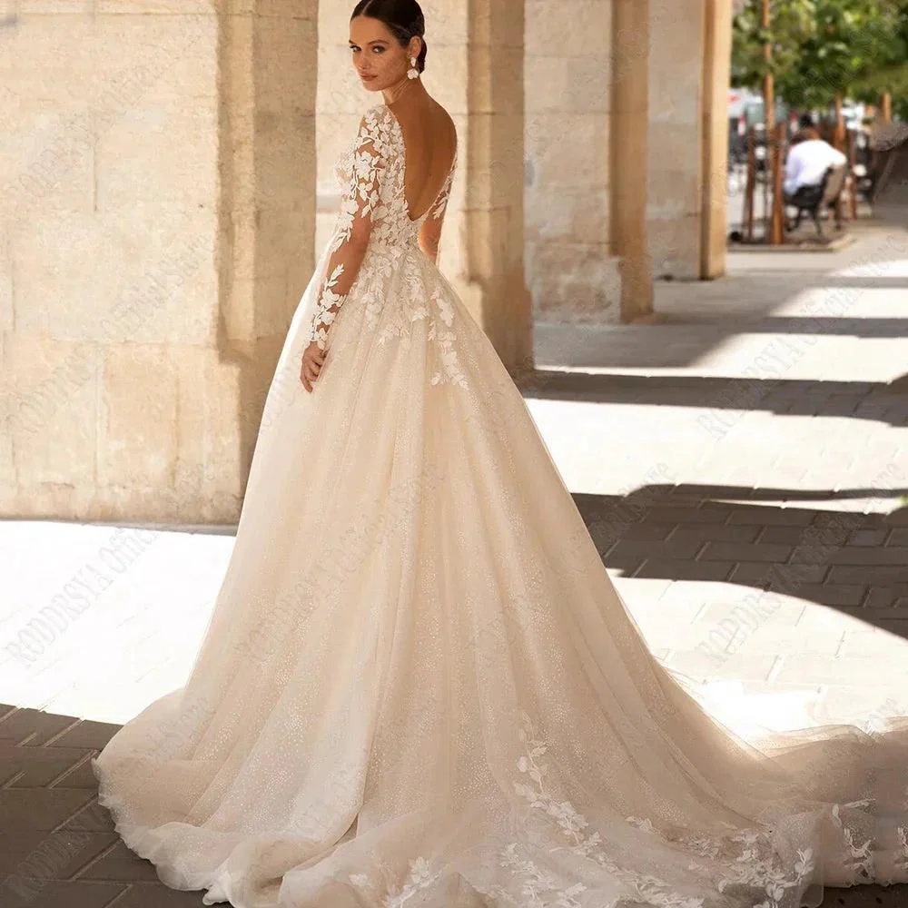 Exquisite Wedding Dresses Long Sleeves Sexy Backless Bride Gowns Applique Princess Tulle A-Line vestidos de novia - Image 2