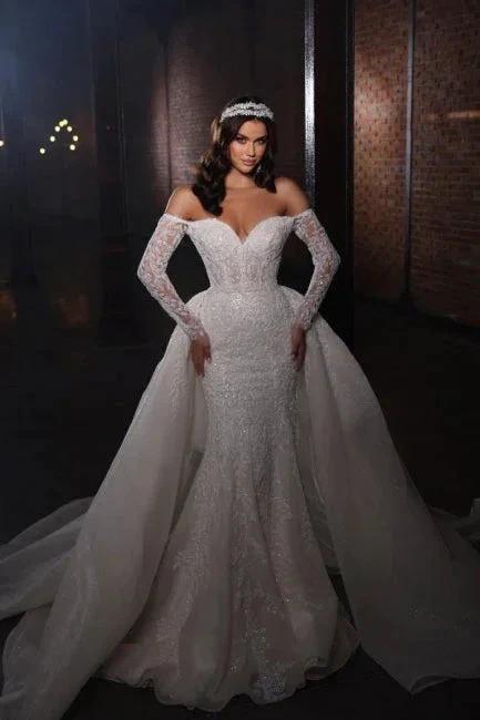 Extravagant A-line Off-the-shoulder Lace Mermaid Wedding Dresses with Sleeves - Image 2