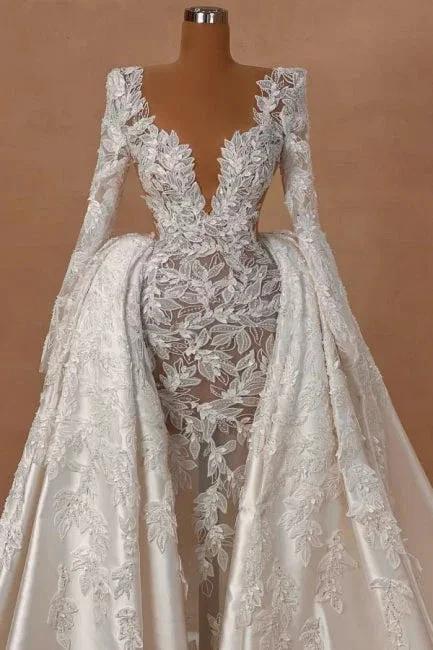 Extravagant Long A-line V-neck Lace Satin Long Sleeves Wedding Dress with Detachable Train - Image 2