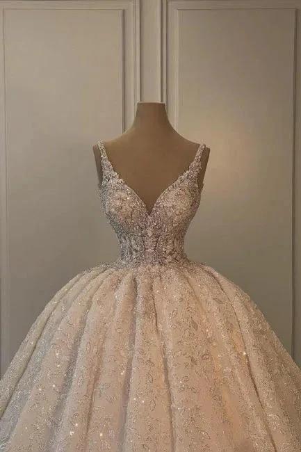 Extravagant Long A-line V-neck Sleeveless Princess Glitter Wedding Dress with Lace - Image 2